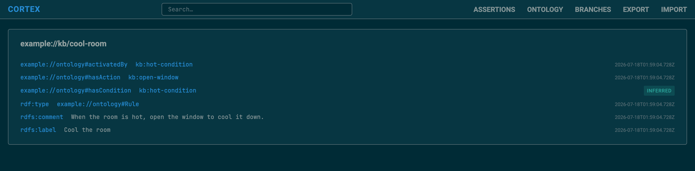 Cortex describe page showing everything known about a resource with provenance timestamps.